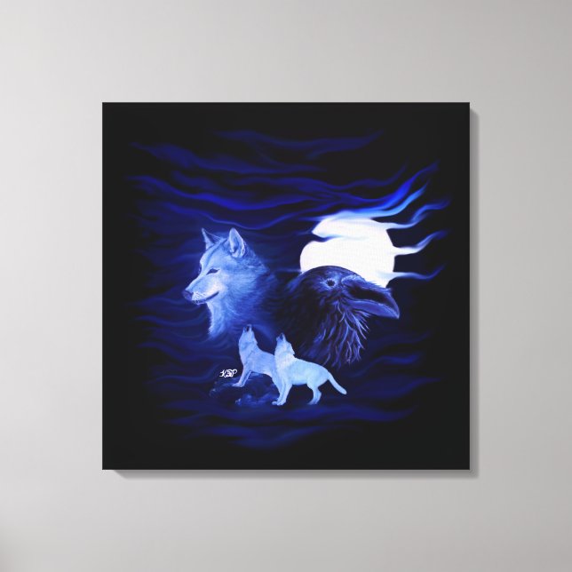 Wolf and Raven with full moon Canvas Print (Front)