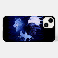 Wolf and Raven with full moon