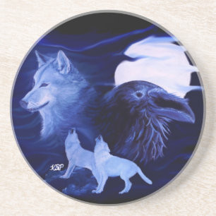Wolf and Raven with full moon Coaster