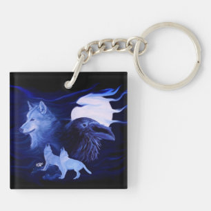 Wolf and Raven with full moon Key Ring