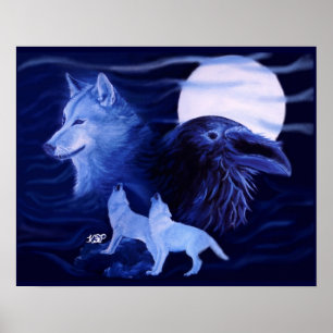 Wolf and Raven with full moon Poster