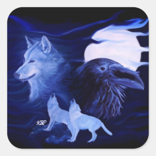 Wolf and Raven with full moon Square Sticker
