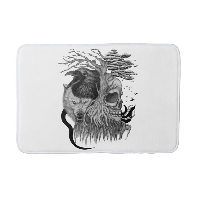 Wolf and Raven with Skull Bath Mat (Front)