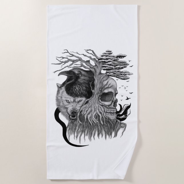 Wolf and Raven with Skull Beach Towel (Front)