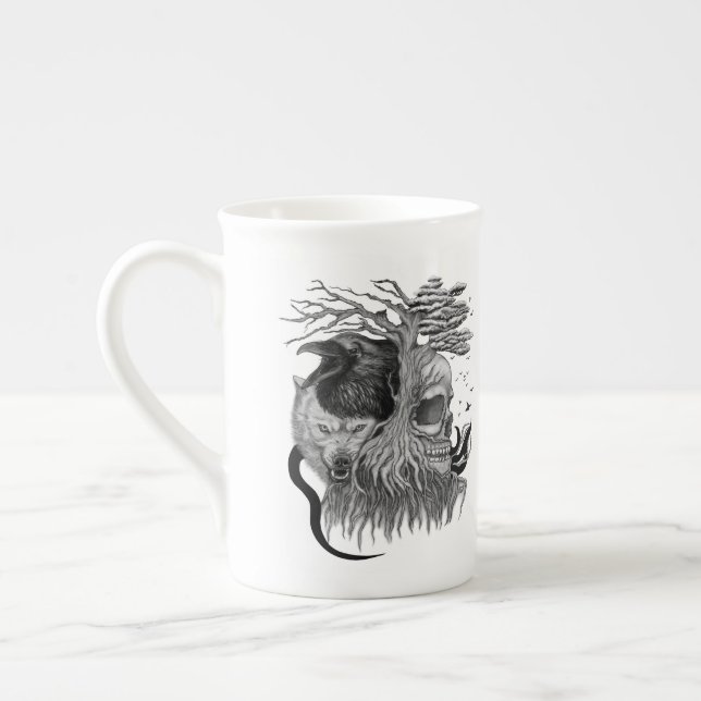 Wolf and Raven with Skull Bone China Mug (Left)