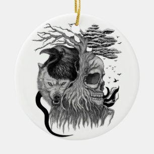 Wolf and Raven with Skull Ceramic Tree Decoration