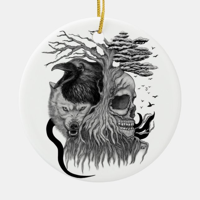 Wolf and Raven with Skull Ceramic Tree Decoration (Front)