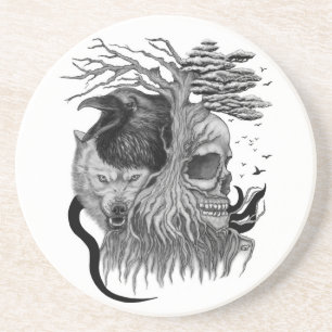 Wolf and Raven with Skull Coaster