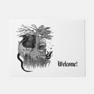 Wolf and Raven with Skull Doormat
