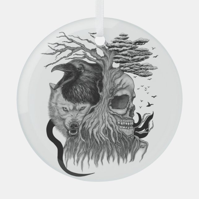 Wolf and Raven with Skull Glass Tree Decoration (Front)