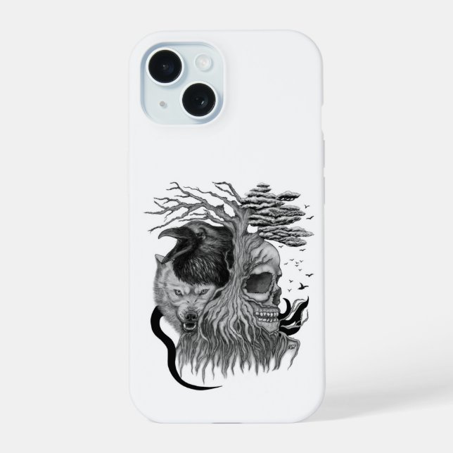 Wolf and Raven with Skull iPhone 15 Case (Back)