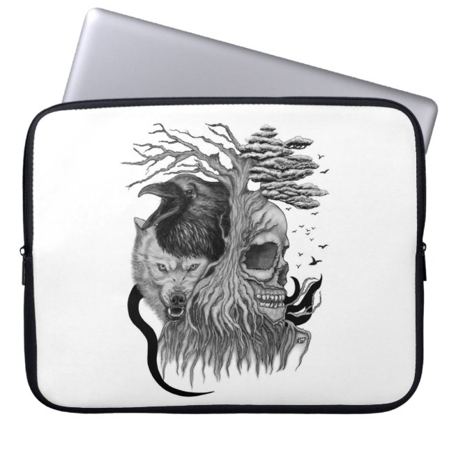 Wolf and Raven with Skull Laptop Sleeve (Front)