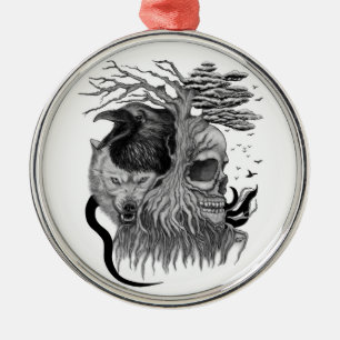 Wolf and Raven with Skull Metal Tree Decoration