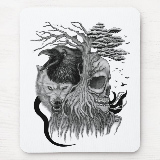 Wolf and Raven with Skull Mouse Mat (Front)