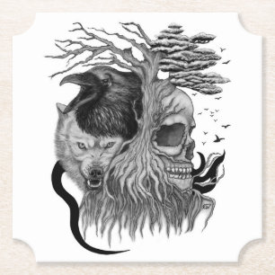 Wolf and Raven with Skull Paper Coaster