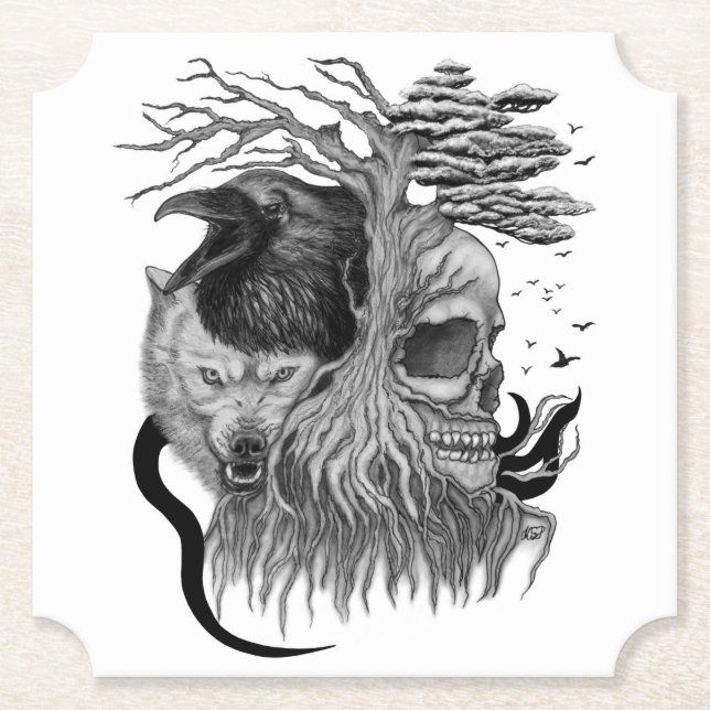 Wolf and Raven with Skull Paper Coaster (Front)