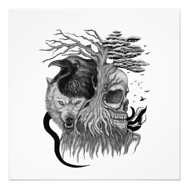 Wolf and Raven with Skull Photo Print (Front)