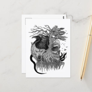 Wolf and Raven with Skull Postcard
