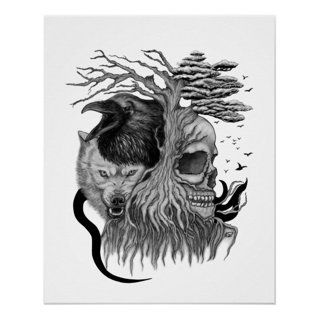 Wolf and Raven with Skull Poster (Front)