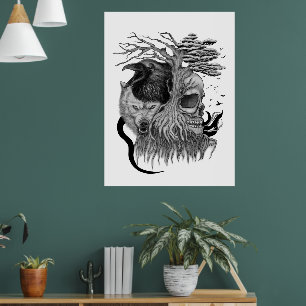 Wolf and Raven with Skull Poster