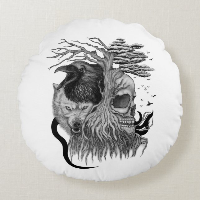 Wolf and Raven with Skull Round Cushion (Front)