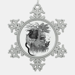 Wolf and Raven with Skull Snowflake Pewter Christmas Ornament