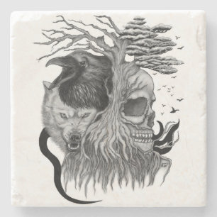 Wolf and Raven with Skull Stone Coaster