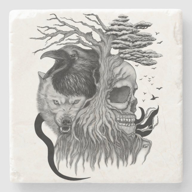 Wolf and Raven with Skull Stone Coaster (Front)