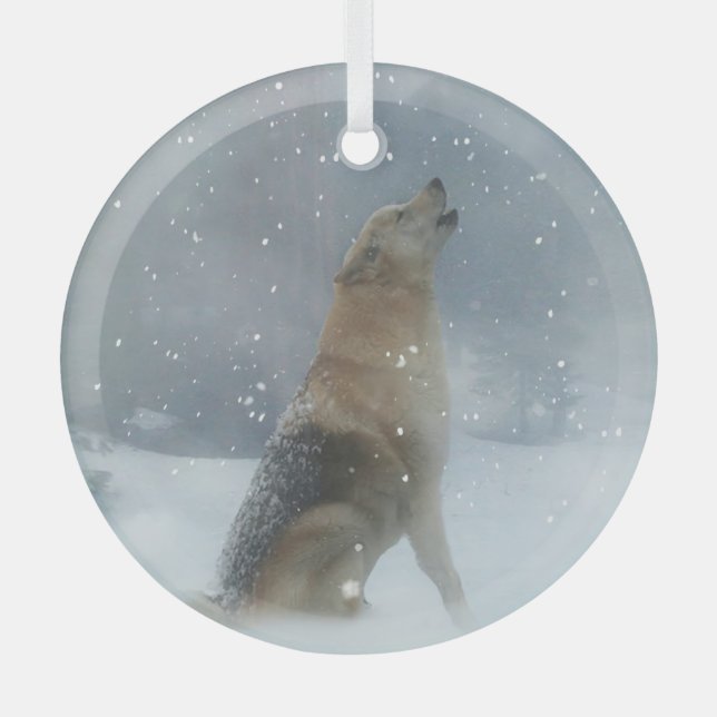 Wolf and Snow Christmas Holiday Glass Tree Decoration (Front)