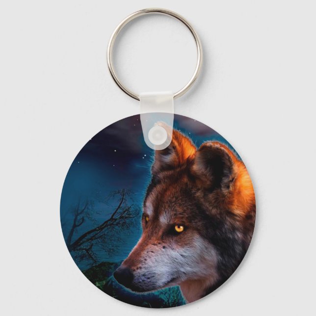 Wolf and the moon at midnigt key ring (Front)