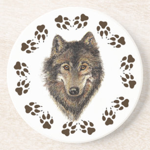 Wolf and Tracks Watercolor Animal Coaster