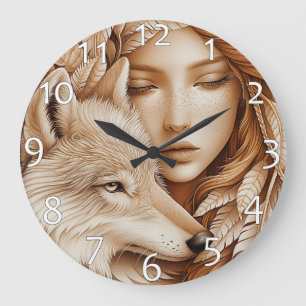 Wolf and Woman in Feathers Large Clock