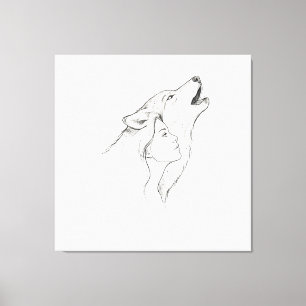 Wolf and Woman Minimalist Line Art Tapestry   Blac Canvas Print