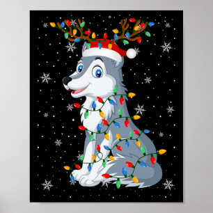 Wolf Animal Santa Hat Ugly Christmas Tree Lights Poster