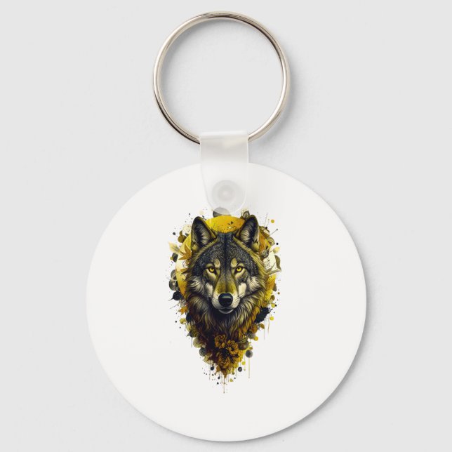 Wolf Art - Yellow Sticker  Key Ring (Front)