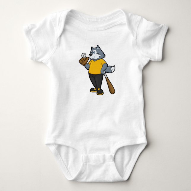 Wolf at Baseball with Baseball bat Baby Bodysuit (Front)