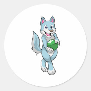Wolf at Bowling with Bowling ball Classic Round Sticker