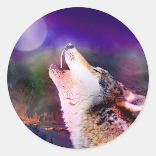 Wolf at night classic round sticker