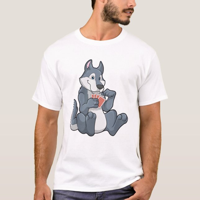 Wolf at Poker with Poker cards T-Shirt (Front)