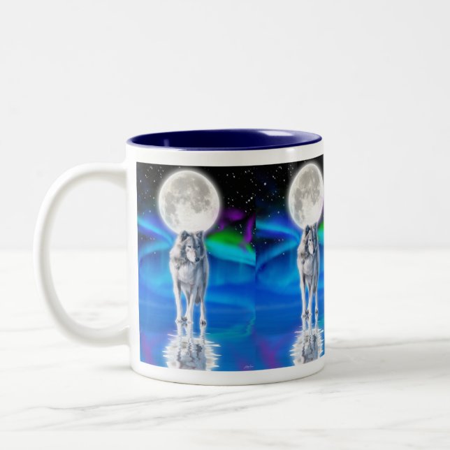Wolf, Aurora & Moon Wildlife Fantasy Drinking Mug (Left)
