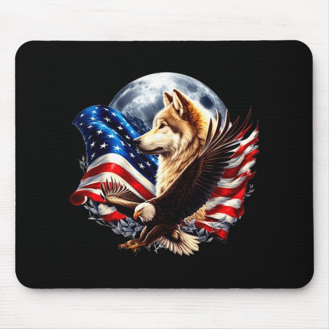Wolf Bald Eagle American Flag Full Moon New Years  Mouse Mat (Front)