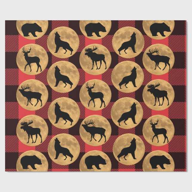 Wolf Bear Elk Moose Deer Full Moon Wrapping Paper (Flat)