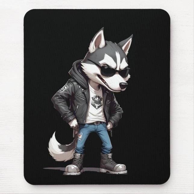 Wolf Biker Rebel Leather Jacket Cool Style Urban Mouse Mat (Front)