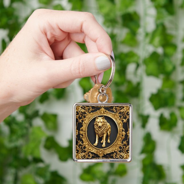 Wolf black and gold ornamental frame key ring (Hand)