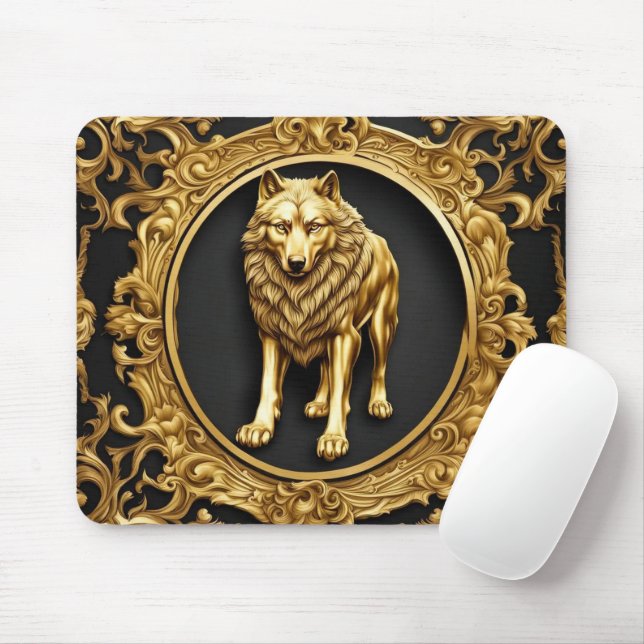 Wolf black and gold ornamental frame mouse mat (With Mouse)