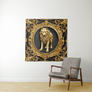 Wolf black and gold ornamental frame tapestry