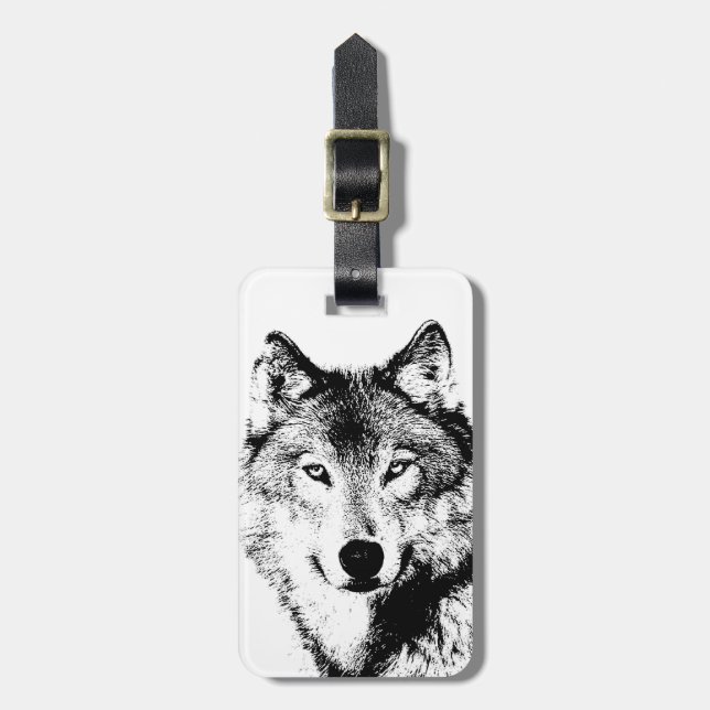 Wolf Black & White Pop Art Luggage Tag (Front Vertical)
