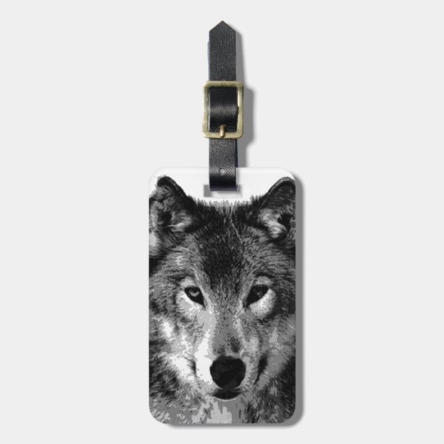 Wolf Black & White Pop Art Luggage Tag (Front Vertical)