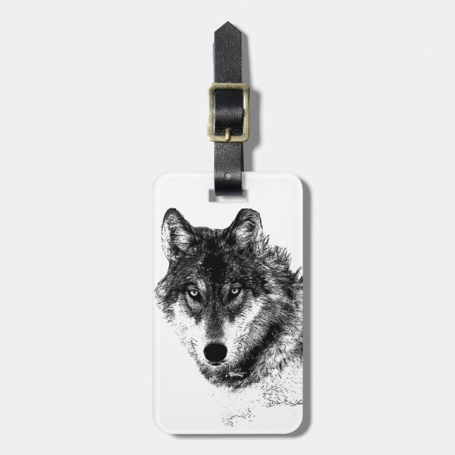 Wolf Black & White Pop Art Luggage Tag (Front Vertical)