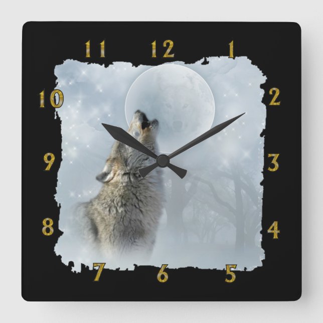 Wolf Blue Moon Square Wall Clock (Front)